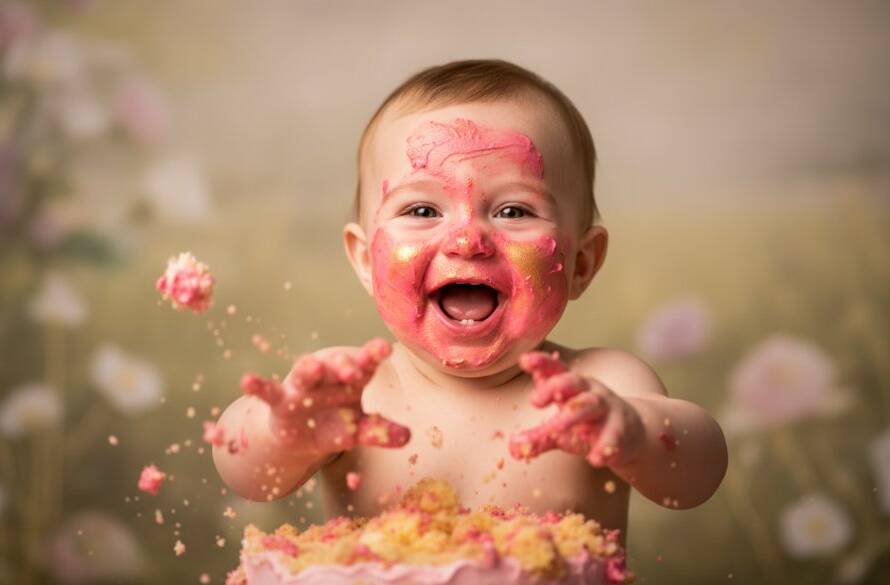 An epic moment of pure joy captured during authentic first birthday cake smash photography The Basin Melbourne, featuring a baby gleefully smashing a colourful cake, covered in icing, with dramatic studio lighting and a whimsical, dreamy background.