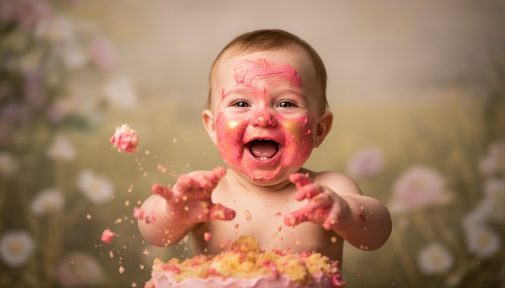 An epic moment of pure joy captured during authentic first birthday cake smash photography The Basin Melbourne, featuring a baby gleefully smashing a colourful cake, covered in icing, with dramatic studio lighting and a whimsical, dreamy background.