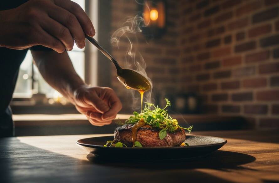 A dramatic, low-angle shot of a chef's hands delicately plating a vibrant, farm-fresh dish in a rustic Warrandyte South eatery, bathed in warm, natural light, epitomising authentic food photography Warrandyte South eateries.