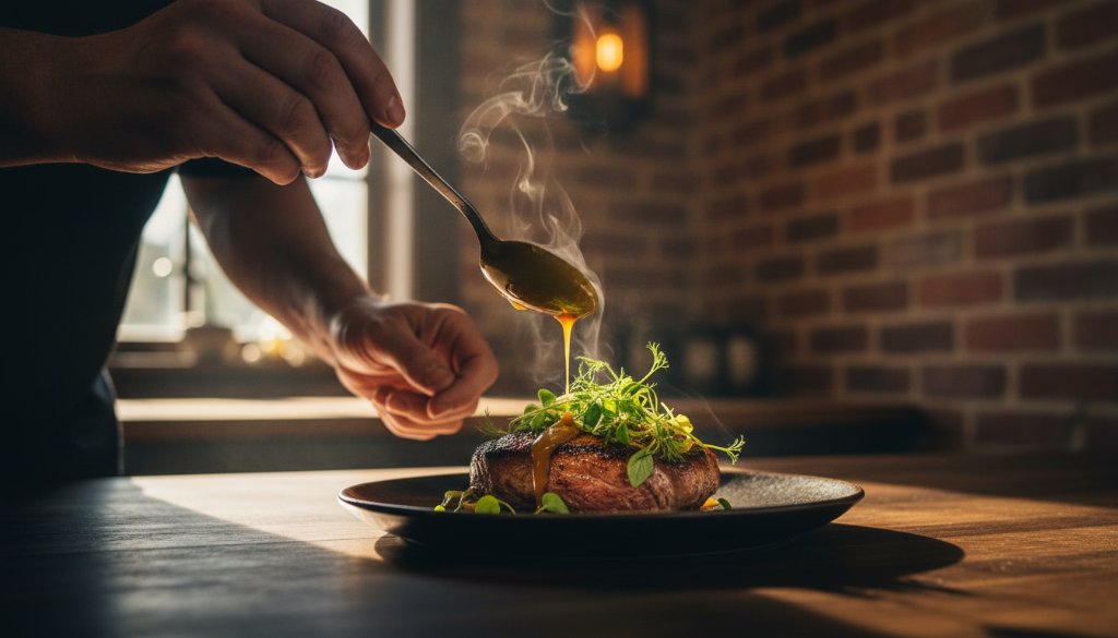 A dramatic, low-angle shot of a chef's hands delicately plating a vibrant, farm-fresh dish in a rustic Warrandyte South eatery, bathed in warm, natural light, epitomising authentic food photography Warrandyte South eateries.