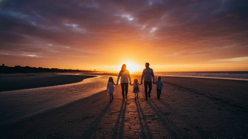 A family joyfully embracing by the Frankston North foreshore at sunset, silhouetted against a golden sky, perfectly capturing Authentic Frankston North Candid Photography Moments with dramatic lighting and emotional depth.