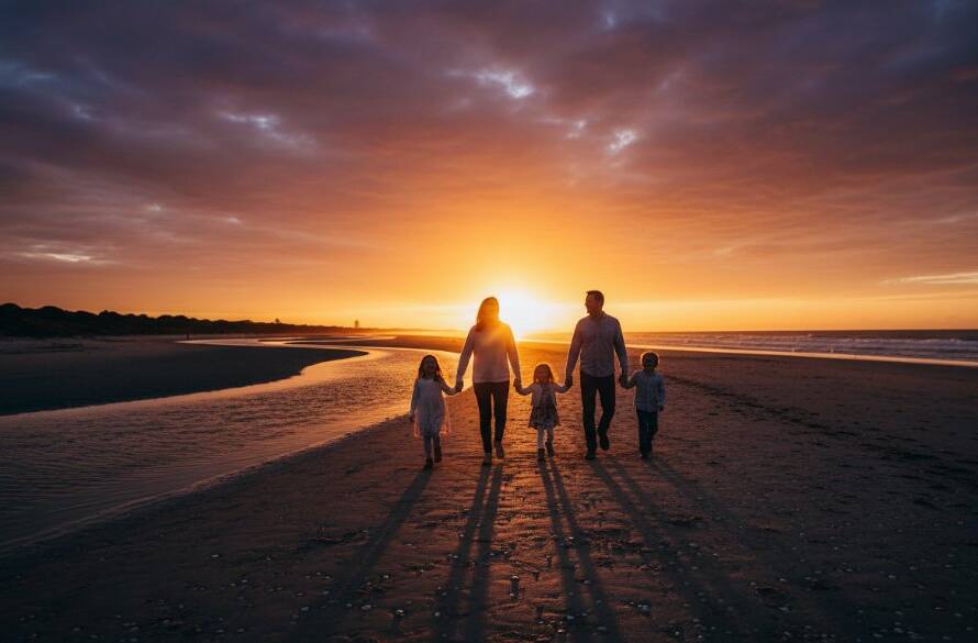 A family joyfully embracing by the Frankston North foreshore at sunset, silhouetted against a golden sky, perfectly capturing Authentic Frankston North Candid Photography Moments with dramatic lighting and emotional depth.