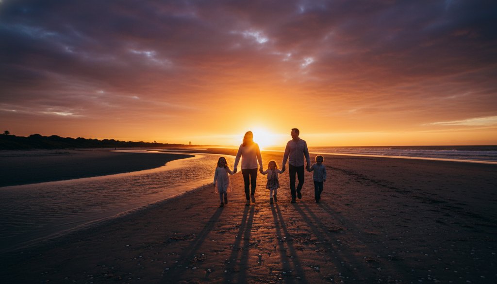 A family joyfully embracing by the Frankston North foreshore at sunset, silhouetted against a golden sky, perfectly capturing Authentic Frankston North Candid Photography Moments with dramatic lighting and emotional depth.