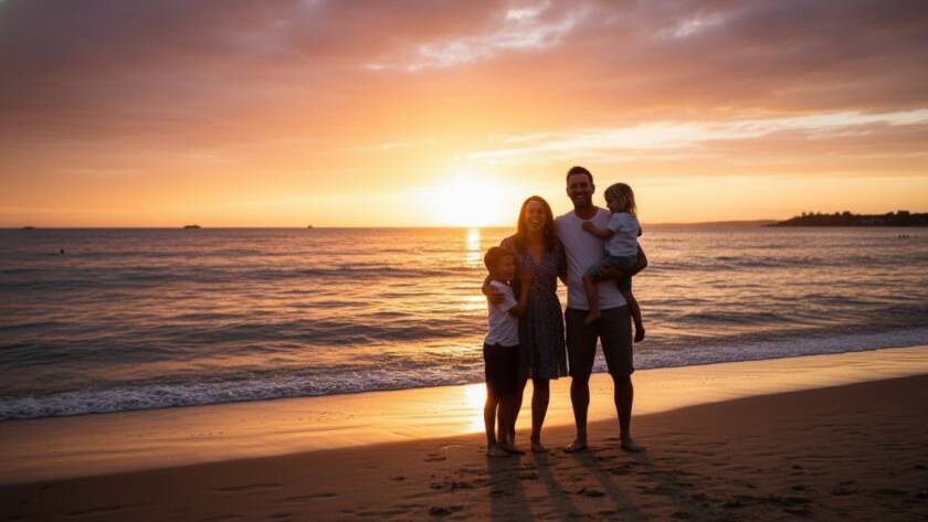 A family joyfully runs along the sun-kissed beach at Frankston South, captured in an authentic Frankston South family photography moment, with dramatic golden hour lighting silhouetting their laughter and movement against the sparkling Port Phillip Bay.