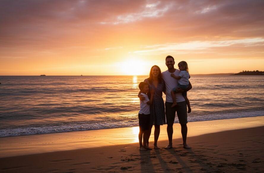 A family joyfully runs along the sun-kissed beach at Frankston South, captured in an authentic Frankston South family photography moment, with dramatic golden hour lighting silhouetting their laughter and movement against the sparkling Port Phillip Bay.