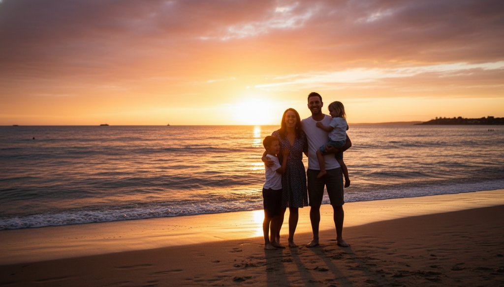 A family joyfully runs along the sun-kissed beach at Frankston South, captured in an authentic Frankston South family photography moment, with dramatic golden hour lighting silhouetting their laughter and movement against the sparkling Port Phillip Bay.
