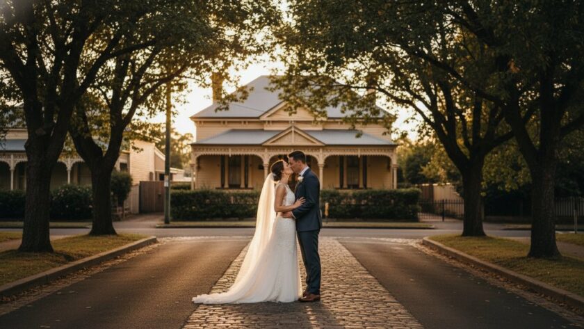 An authentic Geelong West heritage wedding photography moment: a happy couple sharing a tender kiss under an ancient oak tree at sunset, soft golden hour light illuminating their joy.