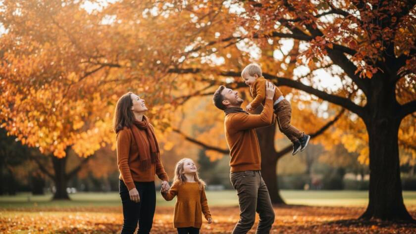 An authentic Glen Iris family candid photography moment: a young family laughing joyfully as they walk hand-in-hand through the autumn leaves at Central Park, Glen Iris, golden hour light illuminating their happy faces.
