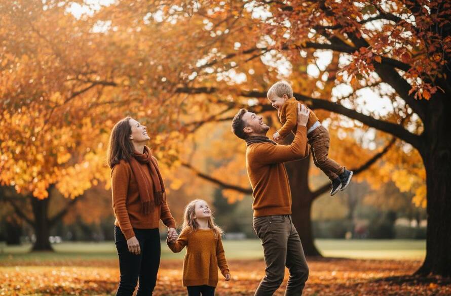 An authentic Glen Iris family candid photography moment: a young family laughing joyfully as they walk hand-in-hand through the autumn leaves at Central Park, Glen Iris, golden hour light illuminating their happy faces.