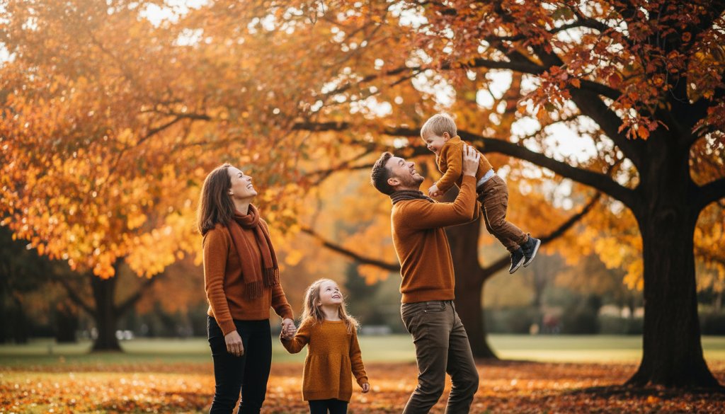 An authentic Glen Iris family candid photography moment: a young family laughing joyfully as they walk hand-in-hand through the autumn leaves at Central Park, Glen Iris, golden hour light illuminating their happy faces.