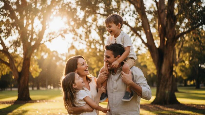 An authentic Glen Iris family photography moment showing a family laughing joyfully under dappled sunlight in a lush park, captured from a dynamic low angle with dramatic backlighting and professional colour grading, evoking warmth and connection.
