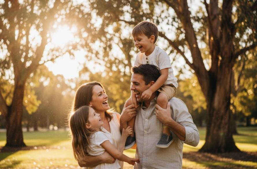 An authentic Glen Iris family photography moment showing a family laughing joyfully under dappled sunlight in a lush park, captured from a dynamic low angle with dramatic backlighting and professional colour grading, evoking warmth and connection.