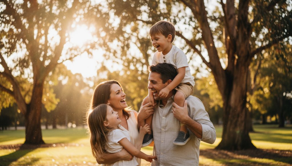 An authentic Glen Iris family photography moment showing a family laughing joyfully under dappled sunlight in a lush park, captured from a dynamic low angle with dramatic backlighting and professional colour grading, evoking warmth and connection.