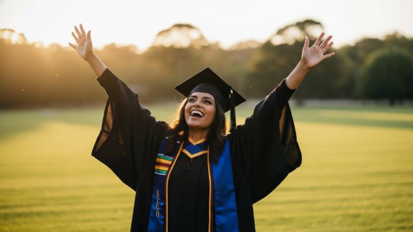 An epic, dramatic photograph capturing authentic graduation photography Wantirna Victoria, featuring a joyful graduate in academic regalia, arms raised in triumph against a vibrant, sun-drenched backdrop near a Wantirna park, with professional lighting and rich colour grading.