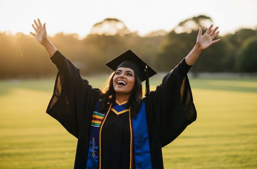 An epic, dramatic photograph capturing authentic graduation photography Wantirna Victoria, featuring a joyful graduate in academic regalia, arms raised in triumph against a vibrant, sun-drenched backdrop near a Wantirna park, with professional lighting and rich colour grading.