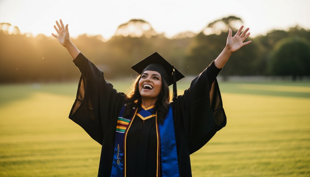 An epic, dramatic photograph capturing authentic graduation photography Wantirna Victoria, featuring a joyful graduate in academic regalia, arms raised in triumph against a vibrant, sun-drenched backdrop near a Wantirna park, with professional lighting and rich colour grading.