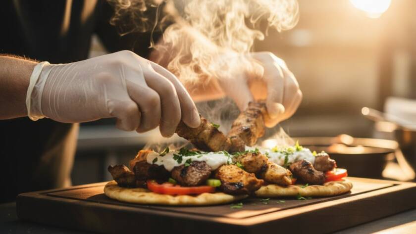 Dynamic, close-up shot of an authentic Greek souvlaki food photography Oakleigh session, with steam rising dramatically from freshly grilled meat, showcasing vibrant colours and textures under cinematic lighting.