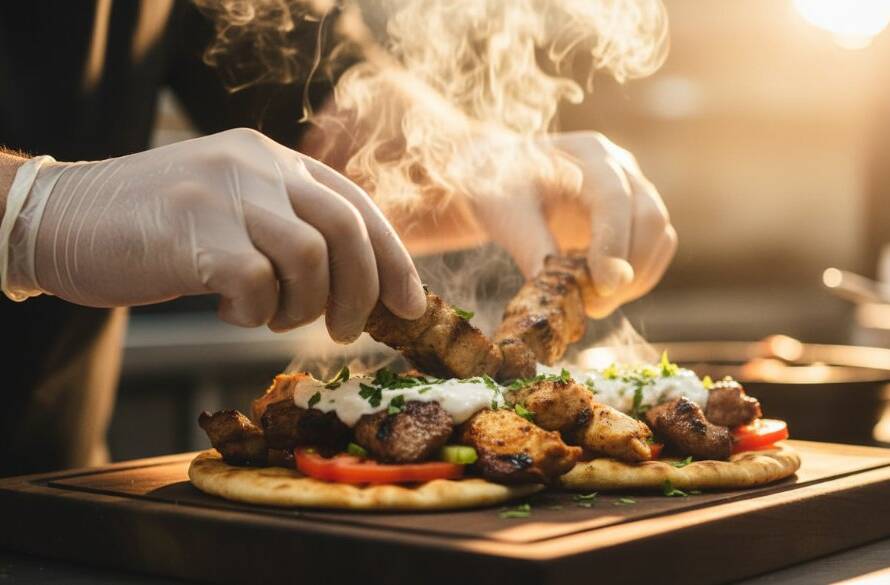 Dynamic, close-up shot of an authentic Greek souvlaki food photography Oakleigh session, with steam rising dramatically from freshly grilled meat, showcasing vibrant colours and textures under cinematic lighting.