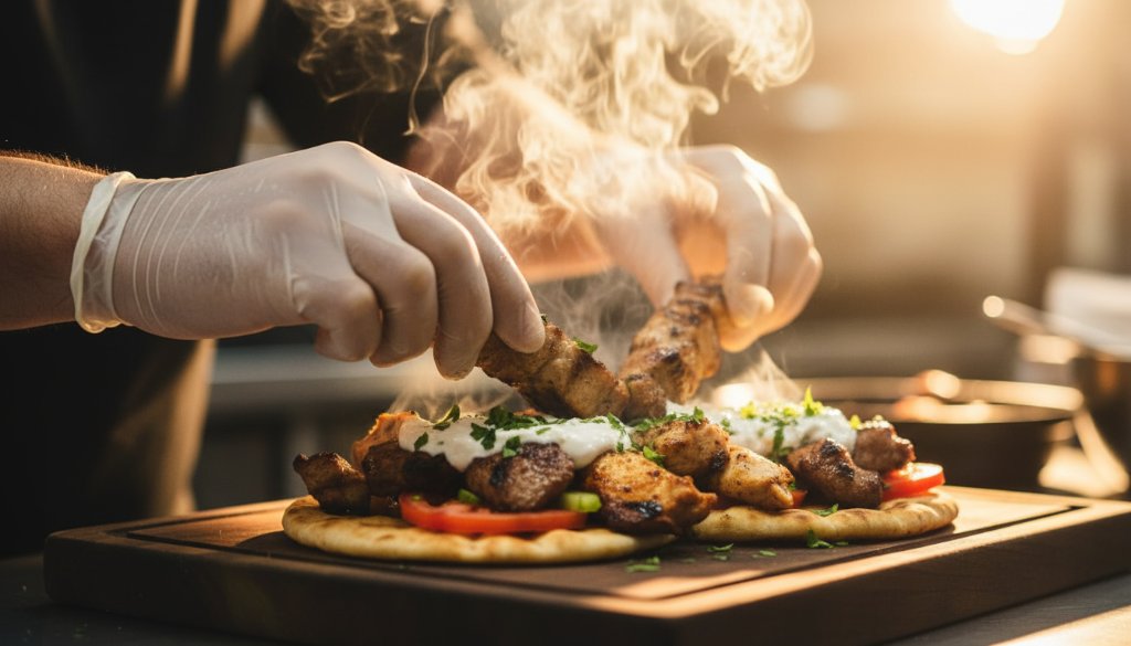 Dynamic, close-up shot of an authentic Greek souvlaki food photography Oakleigh session, with steam rising dramatically from freshly grilled meat, showcasing vibrant colours and textures under cinematic lighting.