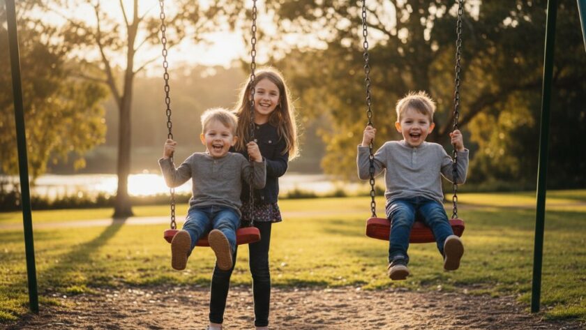 An authentic Highton kids photography capturing genuine smiles moment, featuring two young children laughing joyfully amidst the golden hour glow of the Highton Reserve, professionally captured with dramatic lighting and vibrant colours.