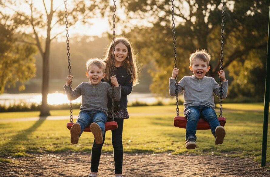 An authentic Highton kids photography capturing genuine smiles moment, featuring two young children laughing joyfully amidst the golden hour glow of the Highton Reserve, professionally captured with dramatic lighting and vibrant colours.