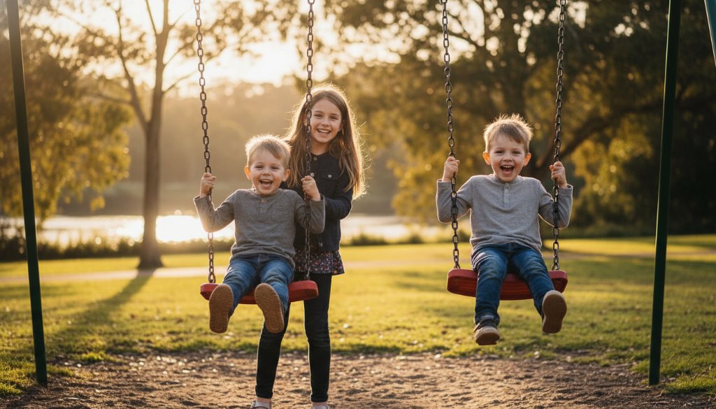 An authentic Highton kids photography capturing genuine smiles moment, featuring two young children laughing joyfully amidst the golden hour glow of the Highton Reserve, professionally captured with dramatic lighting and vibrant colours.