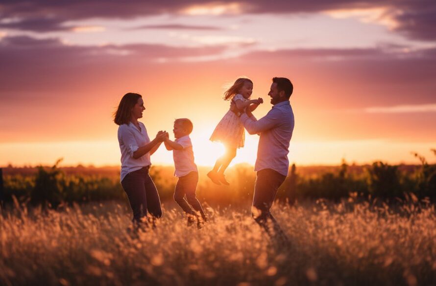 A heartwarming, sun-drenched photograph showcasing authentic Irymple family photography capturing genuine joy, with parents embracing their laughing children in a golden field at sunset, professional color grading, cinematic style.