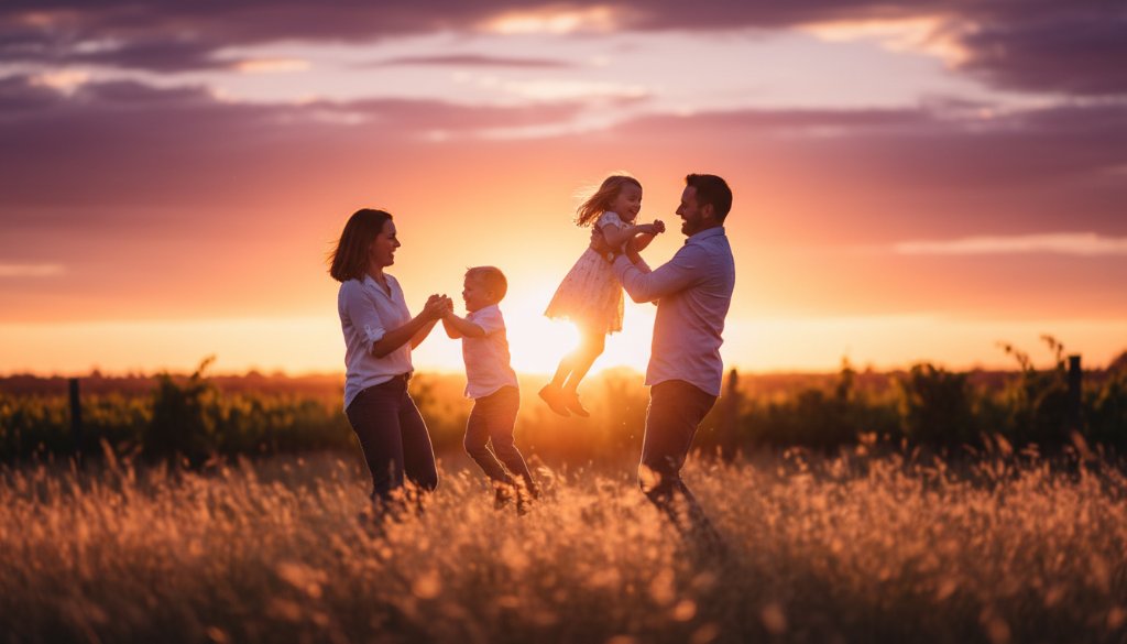 A heartwarming, sun-drenched photograph showcasing authentic Irymple family photography capturing genuine joy, with parents embracing their laughing children in a golden field at sunset, professional color grading, cinematic style.