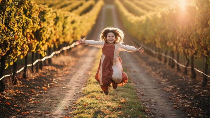 A candid and authentic Irymple kids photography image capturing genuine joy Victoria, showing a child joyfully running through a sun-drenched vineyard at sunset, with golden light illuminating their laughter and a playful blur of movement.