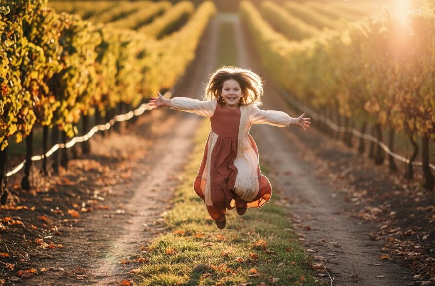 A candid and authentic Irymple kids photography image capturing genuine joy Victoria, showing a child joyfully running through a sun-drenched vineyard at sunset, with golden light illuminating their laughter and a playful blur of movement.