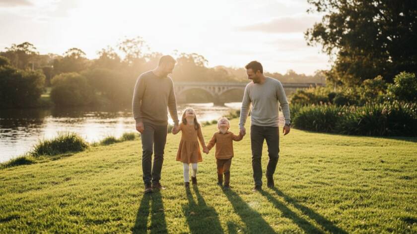 An "epic moment" style photograph of a joyful family, parents and two children, laughing and playing together by the historic Arundel Road bridge in Keilor, bathed in golden hour light, capturing authentic Keilor family photojournalism for lasting memories.
