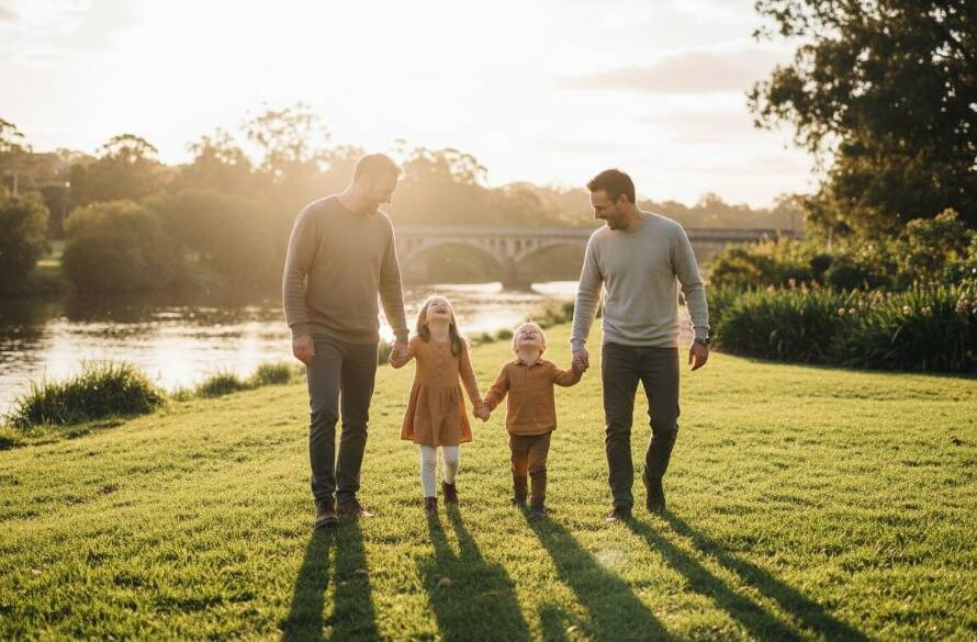 An "epic moment" style photograph of a joyful family, parents and two children, laughing and playing together by the historic Arundel Road bridge in Keilor, bathed in golden hour light, capturing authentic Keilor family photojournalism for lasting memories.