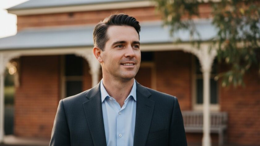 A confident executive smiles genuinely, framed by the rustic elegance of a Kialla heritage building, capturing authentic Kialla business headshots Victoria with warm, professional lighting.