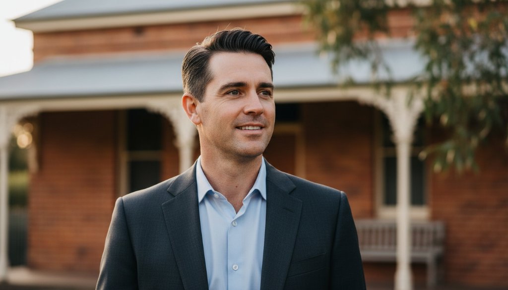 A confident executive smiles genuinely, framed by the rustic elegance of a Kialla heritage building, capturing authentic Kialla business headshots Victoria with warm, professional lighting.