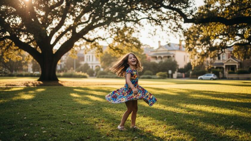 A wide-angle, cinematic shot of a young child, around 5 years old, laughing joyously while running through the golden afternoon light in a leafy Armadale park, embodying authentic kids photography Armadale natural light.
