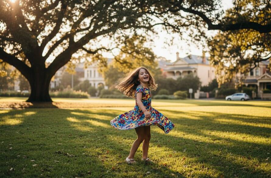 A wide-angle, cinematic shot of a young child, around 5 years old, laughing joyously while running through the golden afternoon light in a leafy Armadale park, embodying authentic kids photography Armadale natural light.