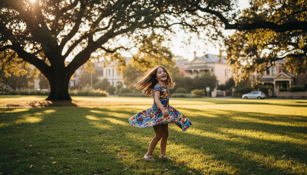 A wide-angle, cinematic shot of a young child, around 5 years old, laughing joyously while running through the golden afternoon light in a leafy Armadale park, embodying authentic kids photography Armadale natural light.