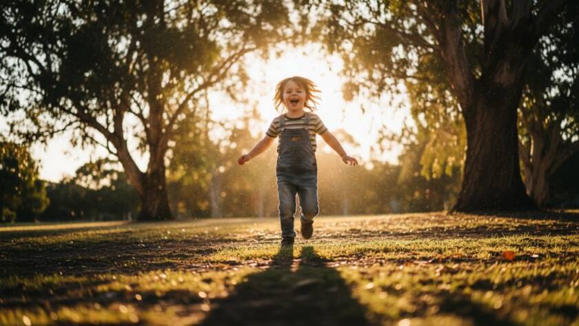A wide-angle, low-perspective professional photograph capturing a child's genuine, joyful laugh as they run through golden afternoon light in a leafy Ashburton park, exemplifying authentic kids photography Ashburton capturing joy.