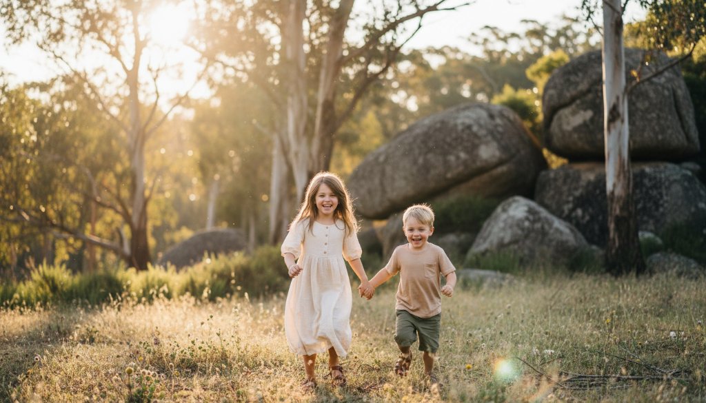 A wide-angle, sun-drenched photograph capturing an authentic kids photography Black Hill Victoria moment: two siblings laughing joyfully while running through a sunlit field with Black Hill's characteristic trees in the background, professional color grading enhancing the golden hour glow.