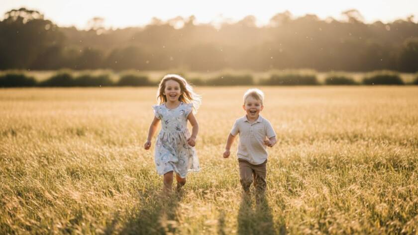 An emotionally resonant, wide-angle shot of two children, a boy and a girl, laughing joyfully as they run through a sun-drenched field near the Yarra River in Bulleen, capturing authentic kids photography Bulleen family portraits. The golden hour light creates a dramatic halo effect around their hair, with lens flare adding a magical touch. Professional color grading enhances the warmth and vibrancy, making it an epic moment of childhood bliss.