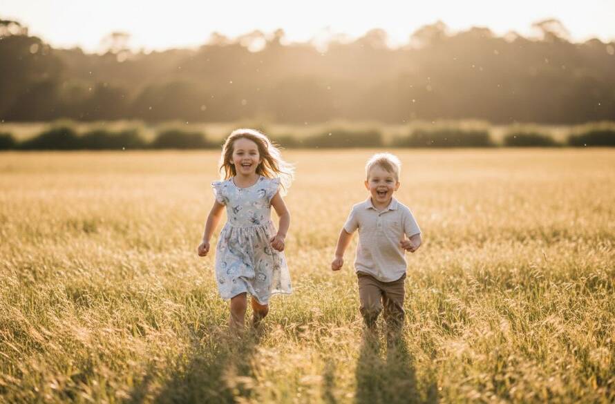 An emotionally resonant, wide-angle shot of two children, a boy and a girl, laughing joyfully as they run through a sun-drenched field near the Yarra River in Bulleen, capturing authentic kids photography Bulleen family portraits. The golden hour light creates a dramatic halo effect around their hair, with lens flare adding a magical touch. Professional color grading enhances the warmth and vibrancy, making it an epic moment of childhood bliss.