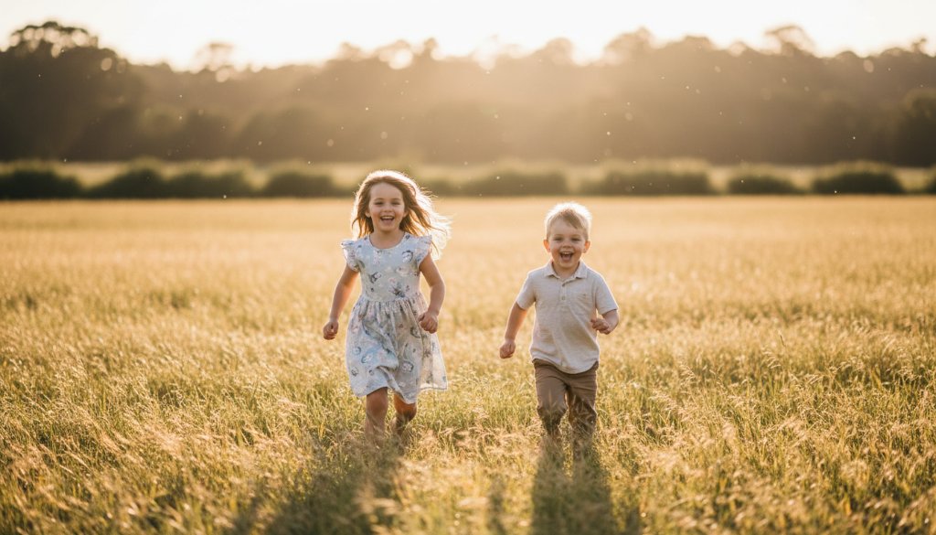 An emotionally resonant, wide-angle shot of two children, a boy and a girl, laughing joyfully as they run through a sun-drenched field near the Yarra River in Bulleen, capturing authentic kids photography Bulleen family portraits. The golden hour light creates a dramatic halo effect around their hair, with lens flare adding a magical touch. Professional color grading enhances the warmth and vibrancy, making it an epic moment of childhood bliss.
