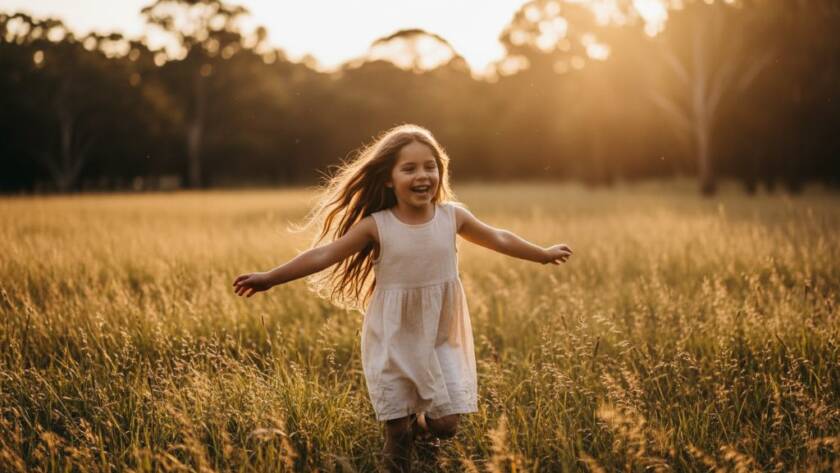 An authentic kids photography Burwood East family memories image featuring a child joyfully running through a sun-dappled park at sunset, dramatic backlighting, professional colour grading, capturing pure, uninhibited happiness.