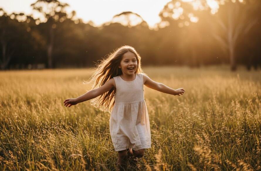 An authentic kids photography Burwood East family memories image featuring a child joyfully running through a sun-dappled park at sunset, dramatic backlighting, professional colour grading, capturing pure, uninhibited happiness.
