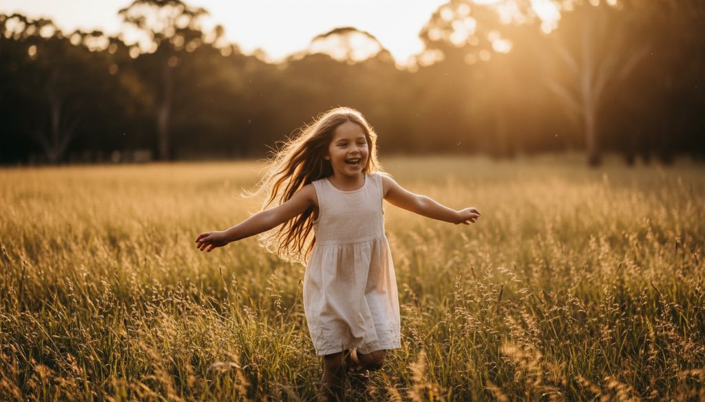 An authentic kids photography Burwood East family memories image featuring a child joyfully running through a sun-dappled park at sunset, dramatic backlighting, professional colour grading, capturing pure, uninhibited happiness.