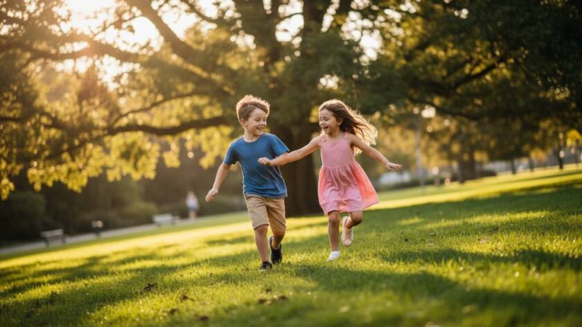 An authentic kids photography Caulfield North candid moment, featuring two joyful children laughing and running through dappled sunlight in Caulfield Park, captured with dramatic flair and professional colour grading.