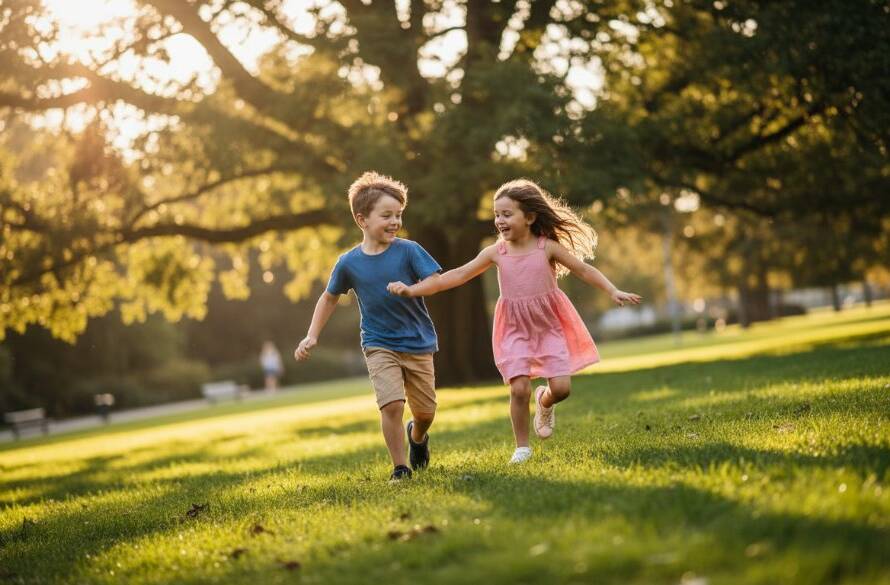 An authentic kids photography Caulfield North candid moment, featuring two joyful children laughing and running through dappled sunlight in Caulfield Park, captured with dramatic flair and professional colour grading.
