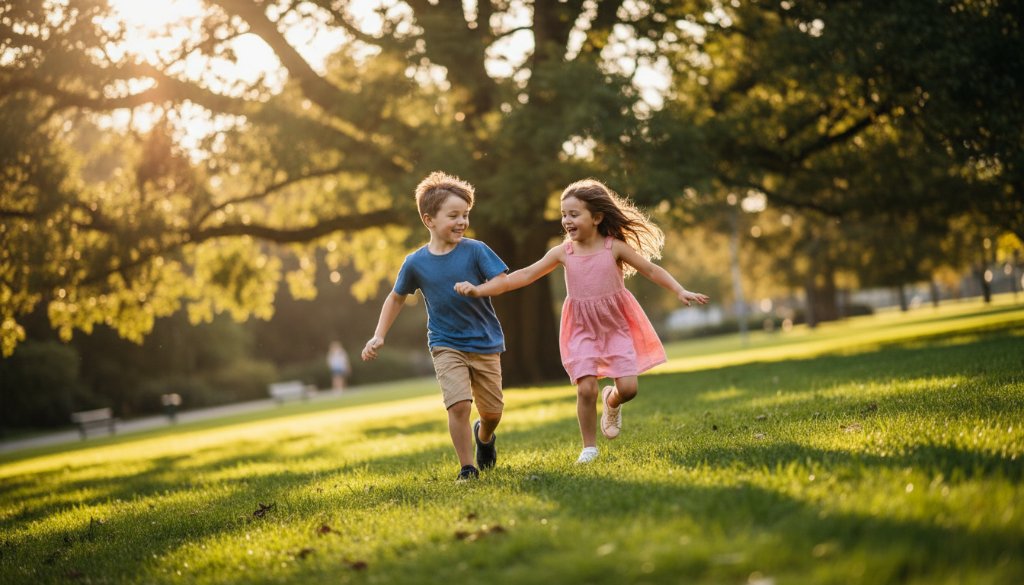 An authentic kids photography Caulfield North candid moment, featuring two joyful children laughing and running through dappled sunlight in Caulfield Park, captured with dramatic flair and professional colour grading.