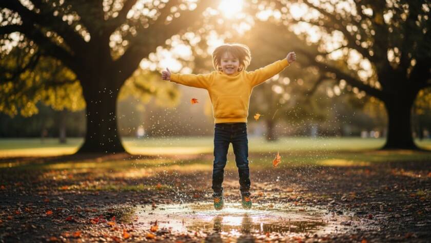 An authentic kids photography Caulfield South portrait showing a child's genuine, joyful smile as they chase bubbles in the golden afternoon light at Princes Park, creating an epic, candid moment with soft bokeh.