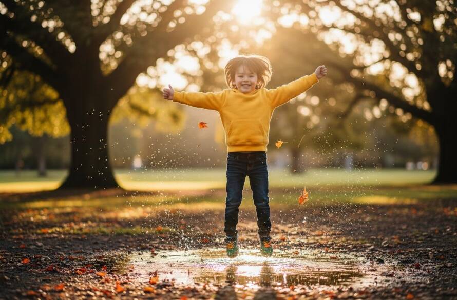 An authentic kids photography Caulfield South portrait showing a child's genuine, joyful smile as they chase bubbles in the golden afternoon light at Princes Park, creating an epic, candid moment with soft bokeh.